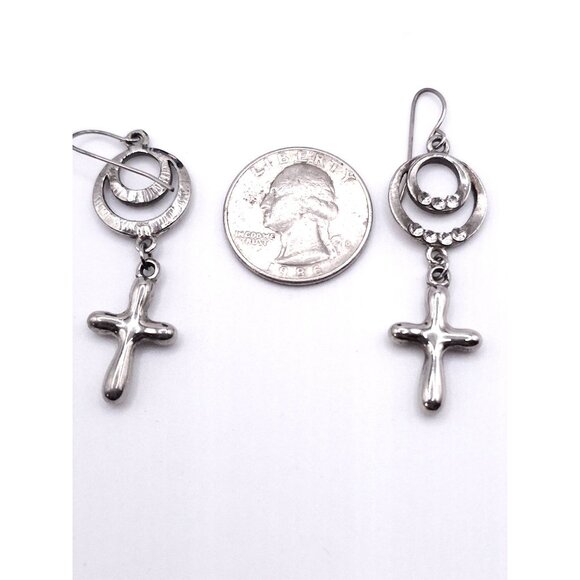 Silver Cross Dangle Earrings With Rhinestone Accents & Circular Detailing - Picture 5 of 5